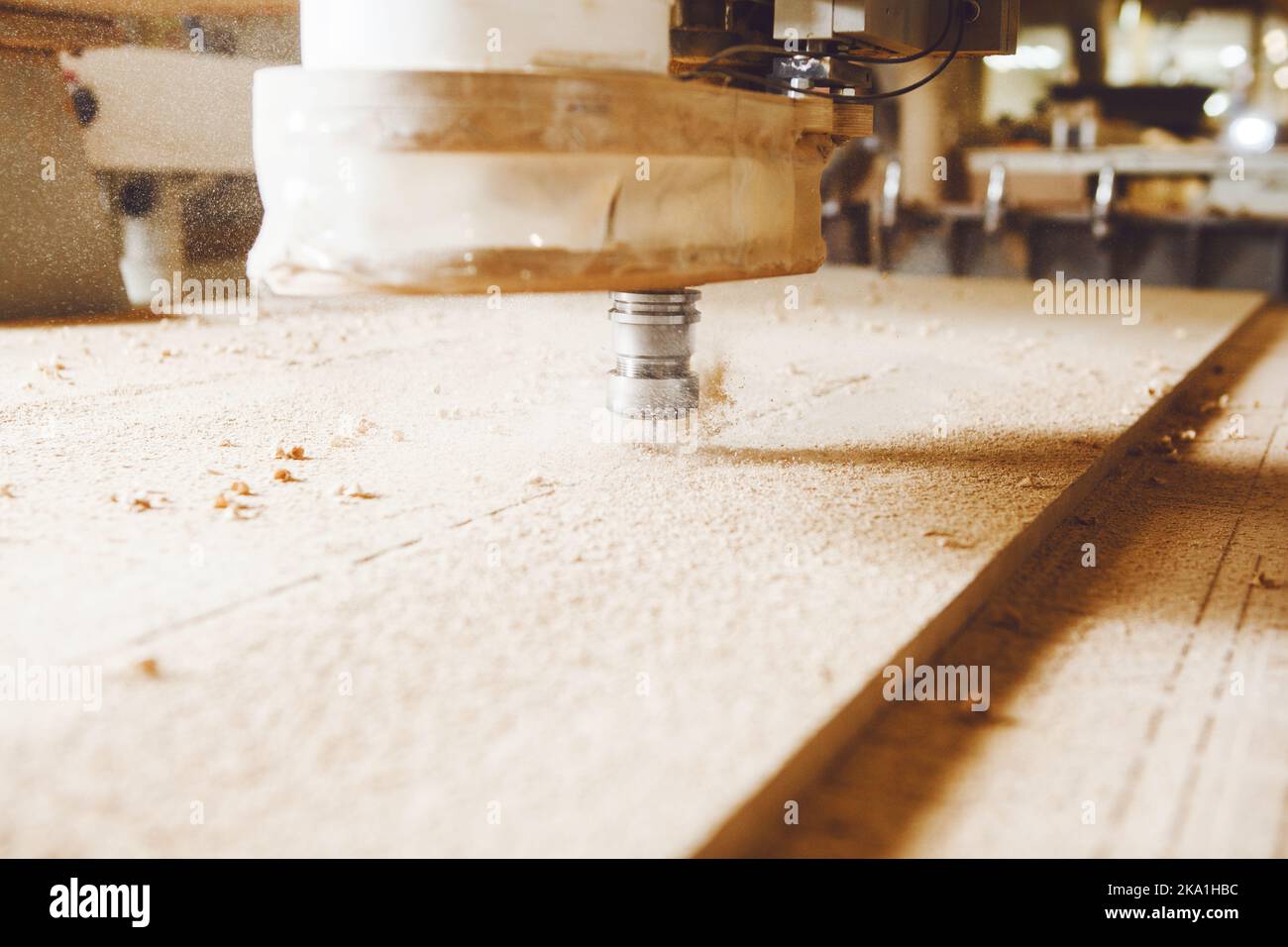 Cnc machine working, cutting wood. Woodwork industry. Stock Photo