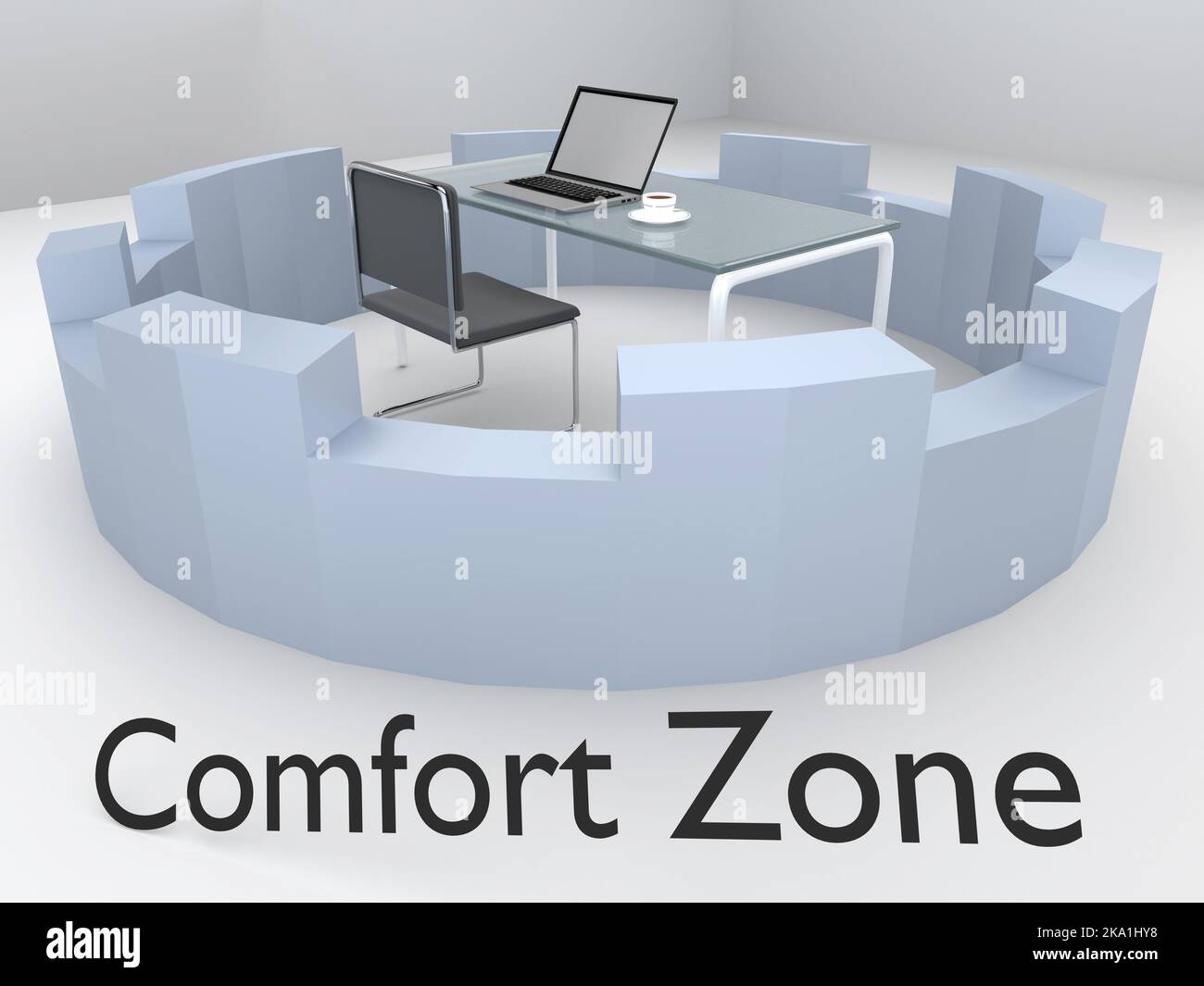 3D illustration of a laptop placed on a desk in a living room, with the script Comfort Zone. Stock Photo
