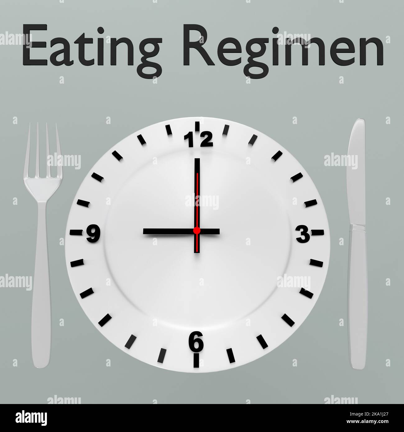 3D illustration of a clock on a white plate with silver knif and fork, titled as Eating Regimen. Stock Photo