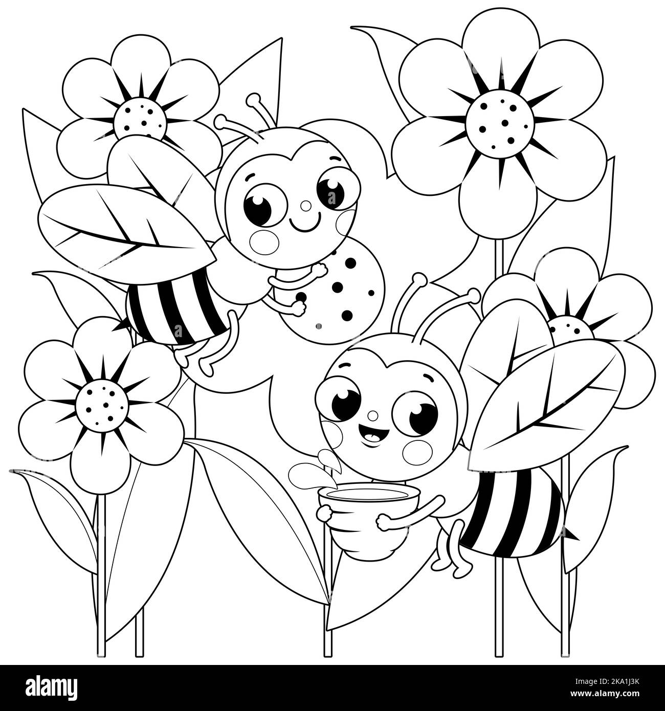 Bees flying around flowers. Black and white coloring page Stock Photo