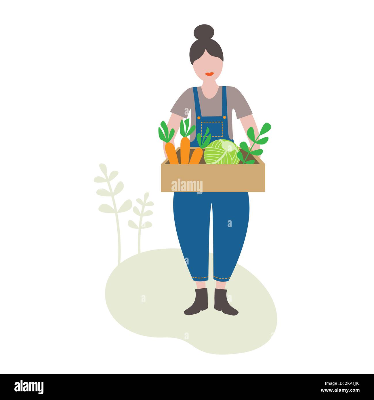 Vector illustration of gardener with crop. Female farmer holding a box of vegetables. Stock Vector