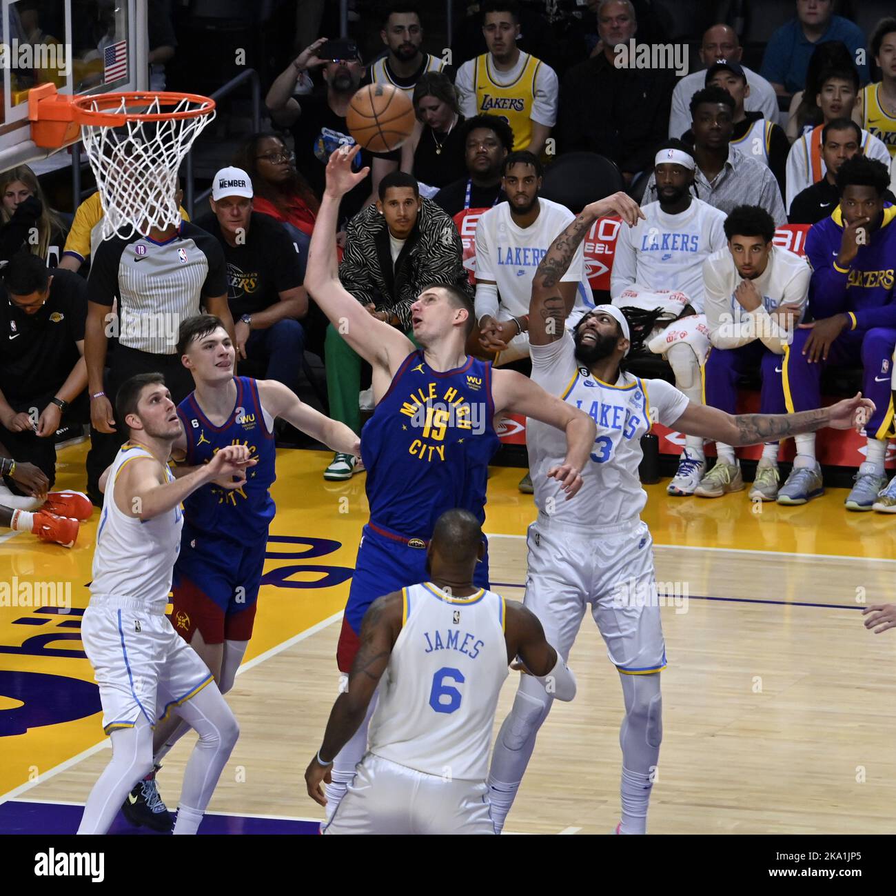 Los Angeles, United States. 30th Oct, 2022. Los Angeles Lakers center Anthony Davis (3) fouls Denver Nuggets center Nikola Jokic in the second half of their NBA game at Crypto.com Arena in Los Angeles on Sunday, October 30, 2022. Photo by Jim Ruymen/UPI Credit: UPI/Alamy Live News Stock Photo