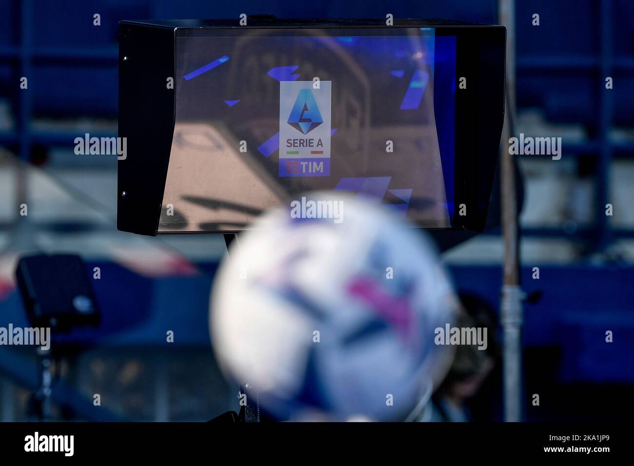 VAR, video assistant referee, monitor is seen behind a ball during the Serie A football match