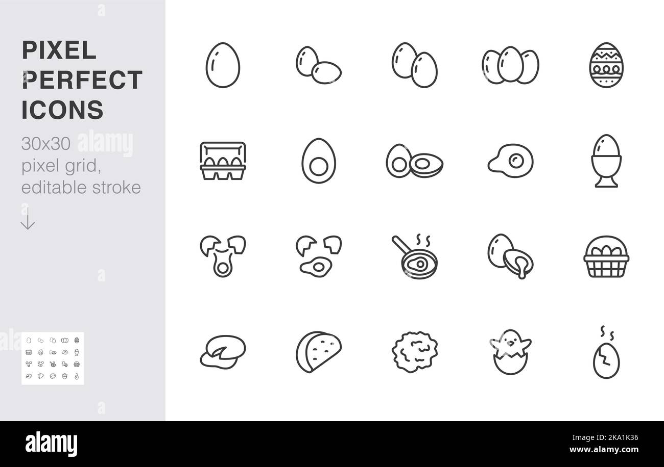 Eggs line icon set. Container, easter hunt basket, eggshell, yolk, scrambled, cooking ingredient minimal vector illustration. Simple outline sign for Stock Vector