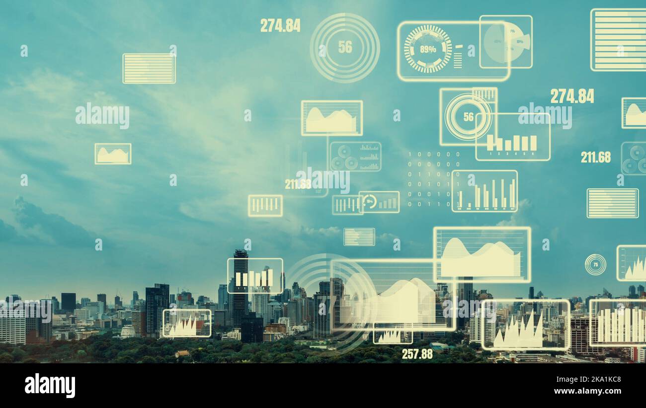 Business data analytic interface fly over smart city showing alteration ...