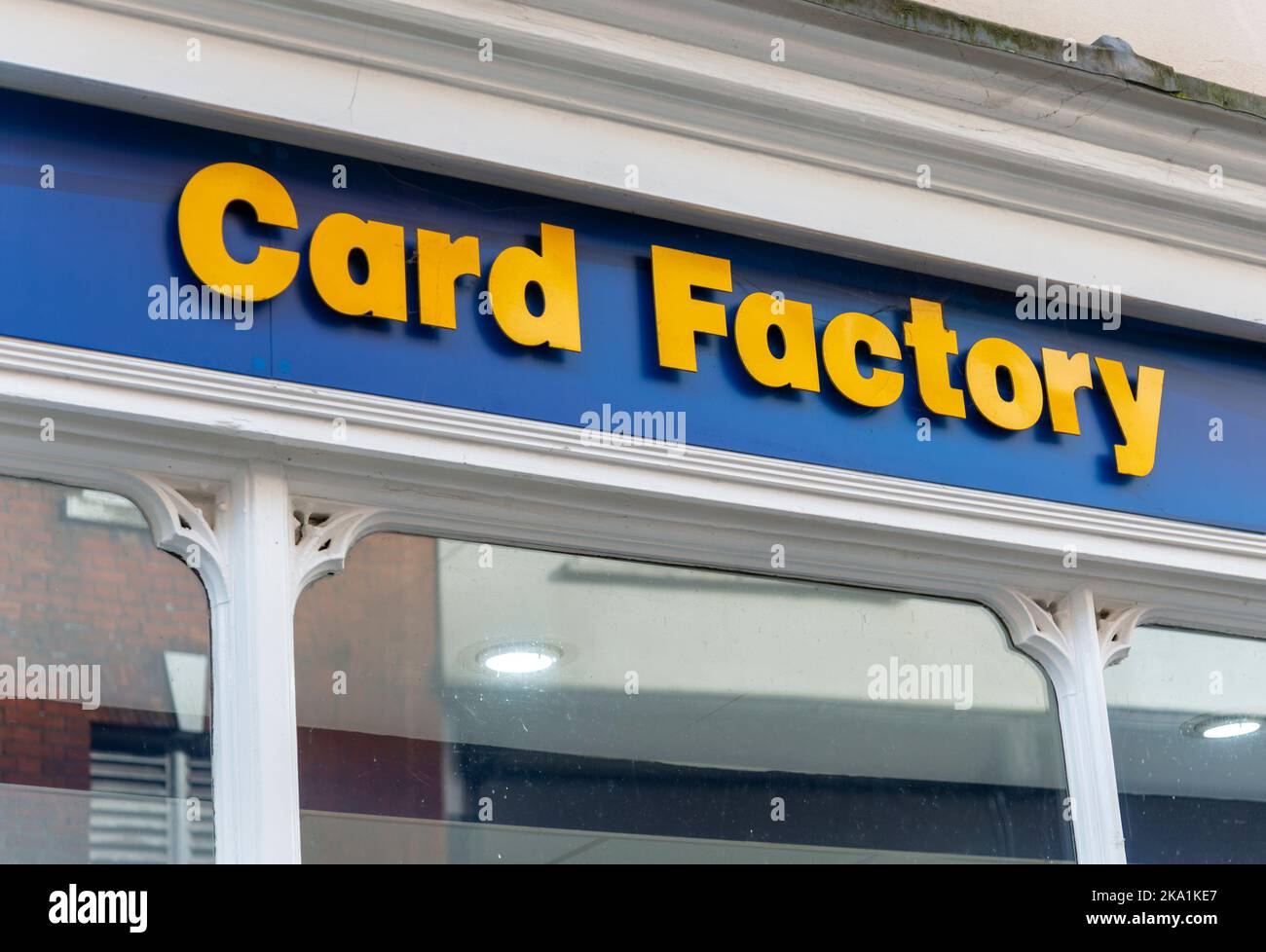 Store shopfront sign for Card Factory shop, Devizes, Wiltshire, England