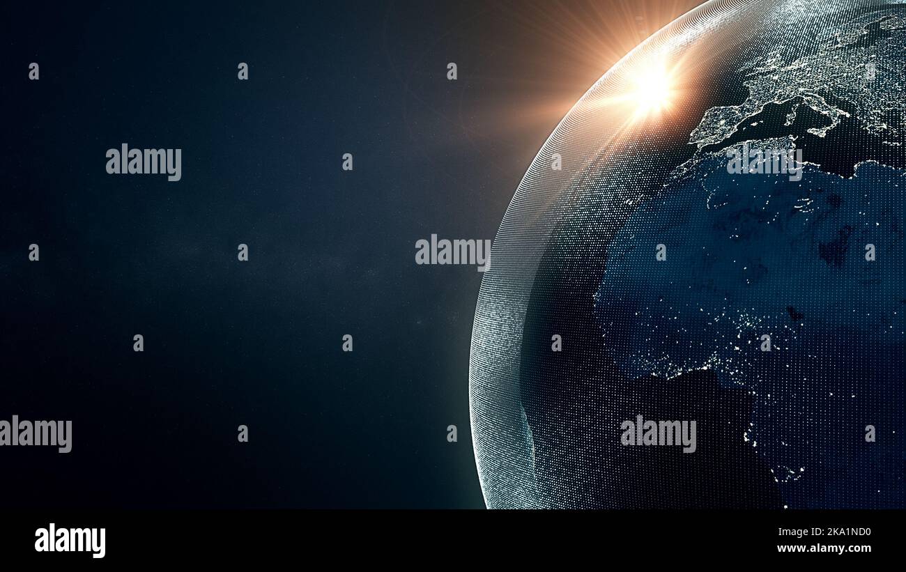 Earth Rumbling Earth globe in night time surrounded by digital noise, futuristic ...