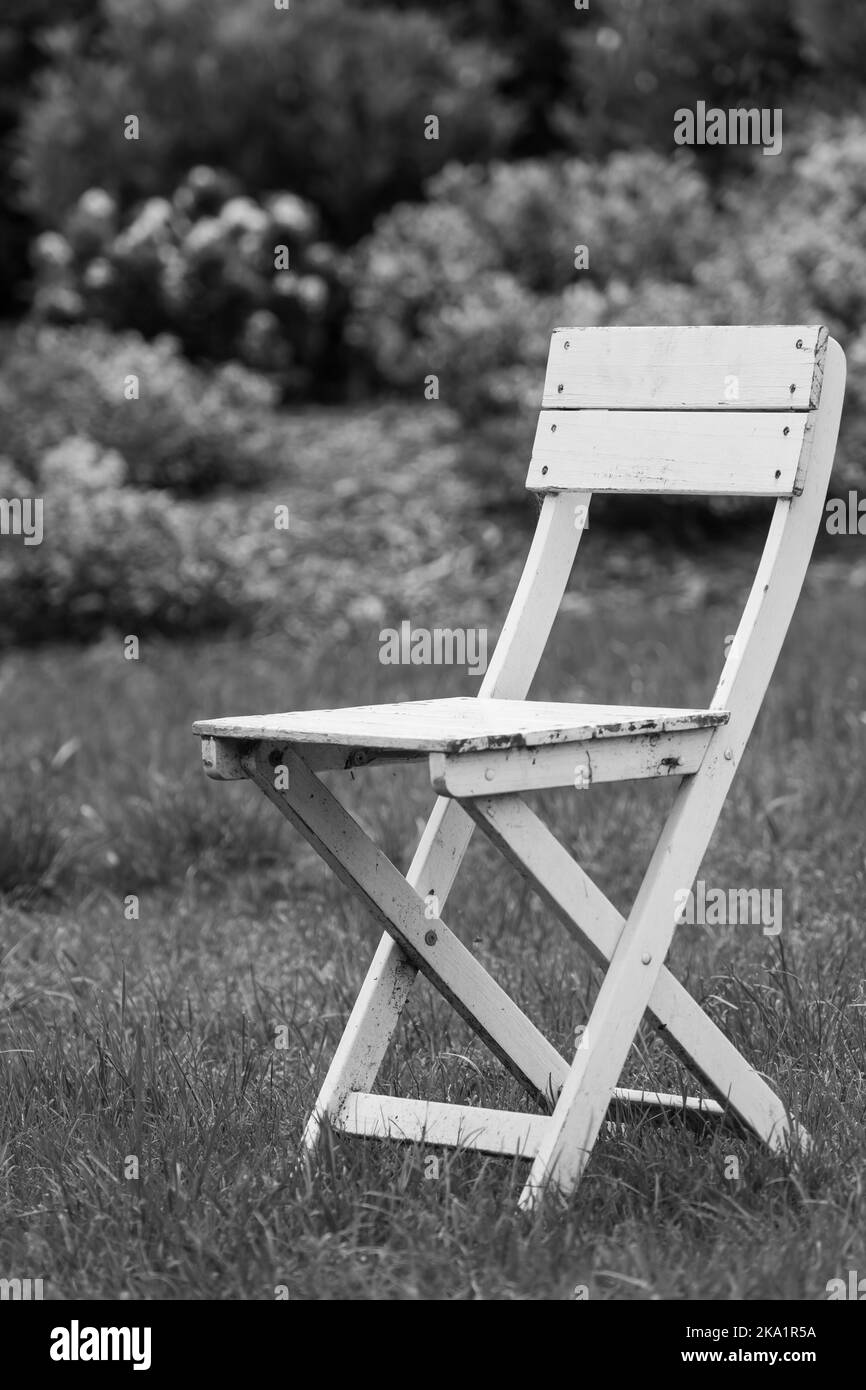Black and white photo of a vintage garden chair on lawn Stock Photo