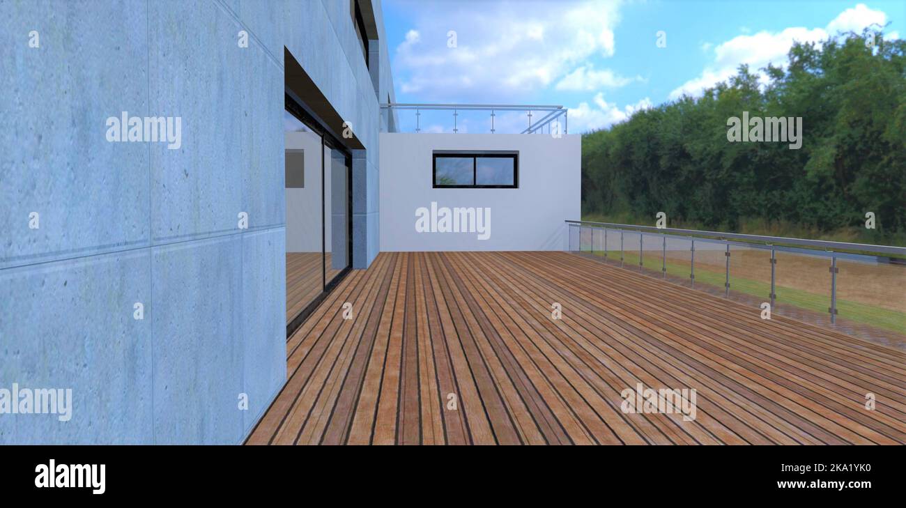 Trend board as a floor covering for a spacious balcony. Concrete walls