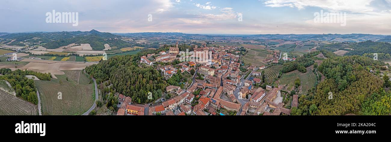 Panoramic drone picture of Castello Cereseto in Piedmont in the evening in summer Stock Photo