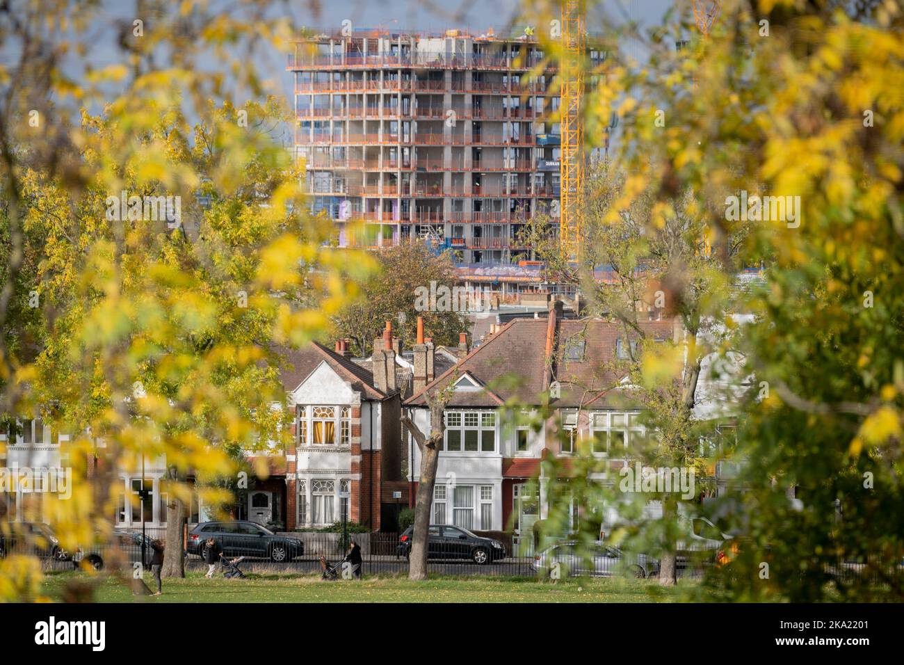 Residential London homes in the foreground and new high-rises under construction at Loughborough Junction, seen from Ruskin Park, a south London green space in Lambeth, on 28th October 2022, in London, England. Stock Photo