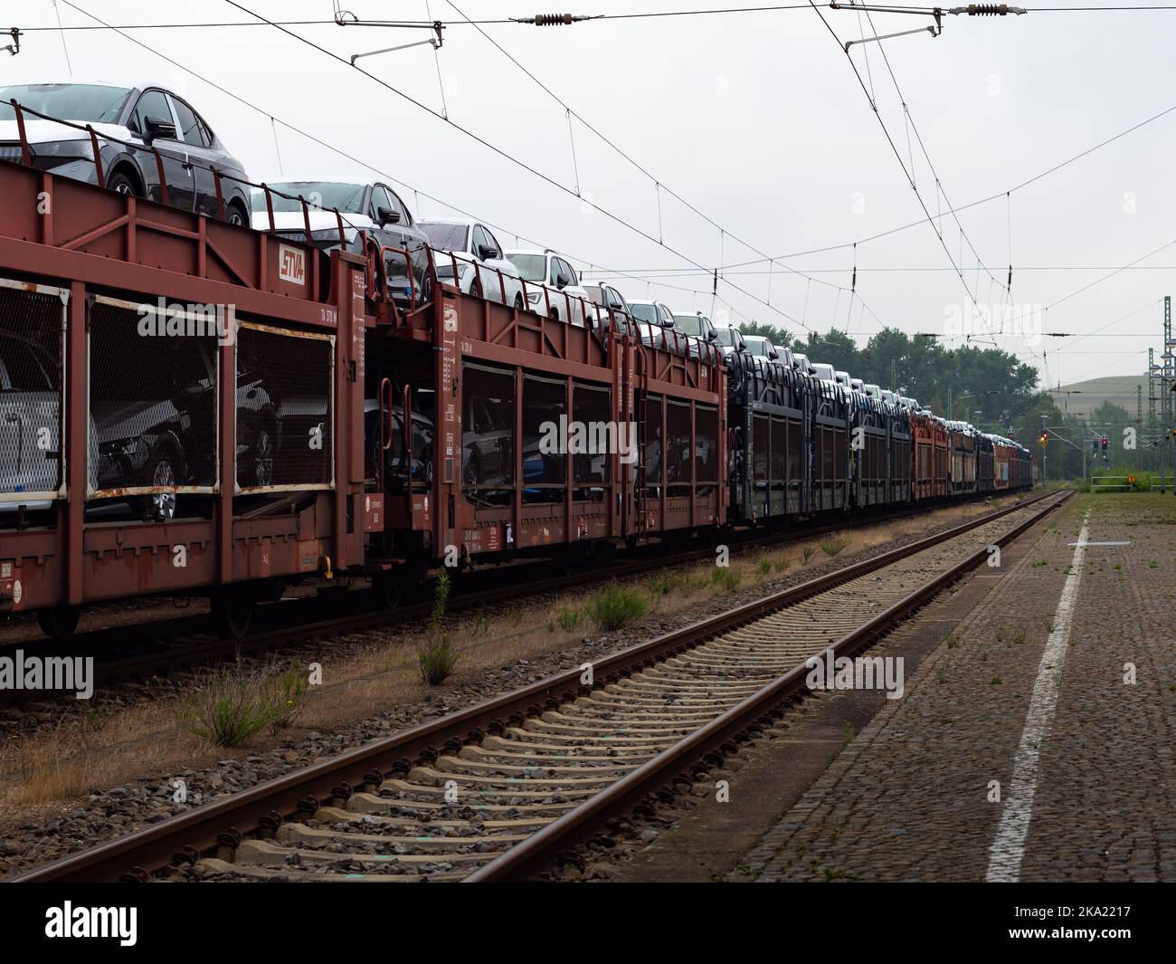 Car freight export on a long cargo train. Carrier with Skoda cars of