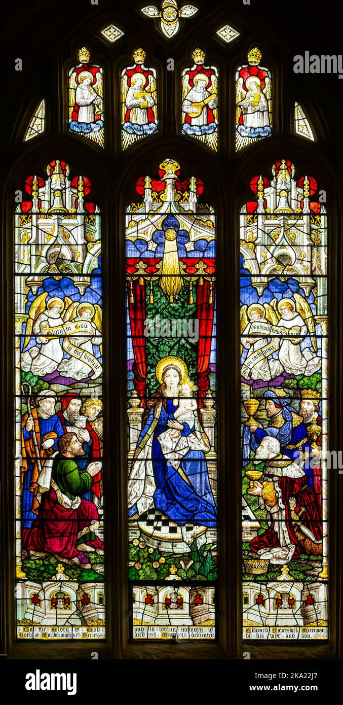 Stained glass window of Nativity, Church of Saint Mary, Marlborough