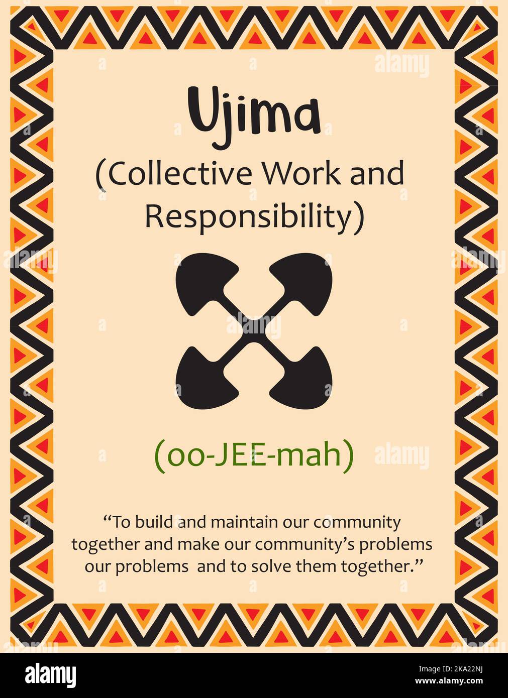 A card with one of the Kwanzaa principles. Symbol Ujiima means Collective work and responsibility in Swahili. Poster with sign and description. Ethnic Stock Vector