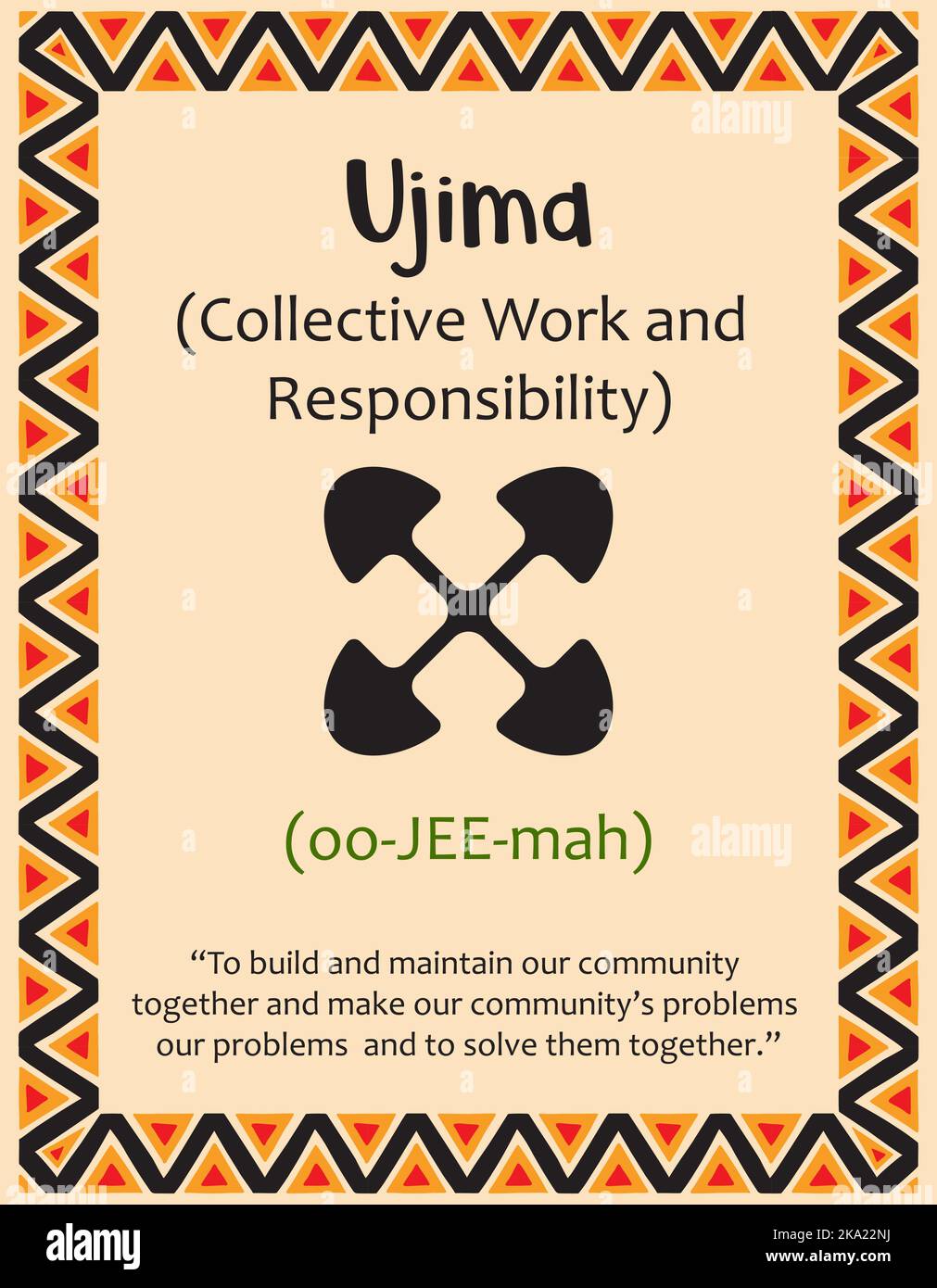 A card with one of the Kwanzaa principles. Symbol Ujiima means