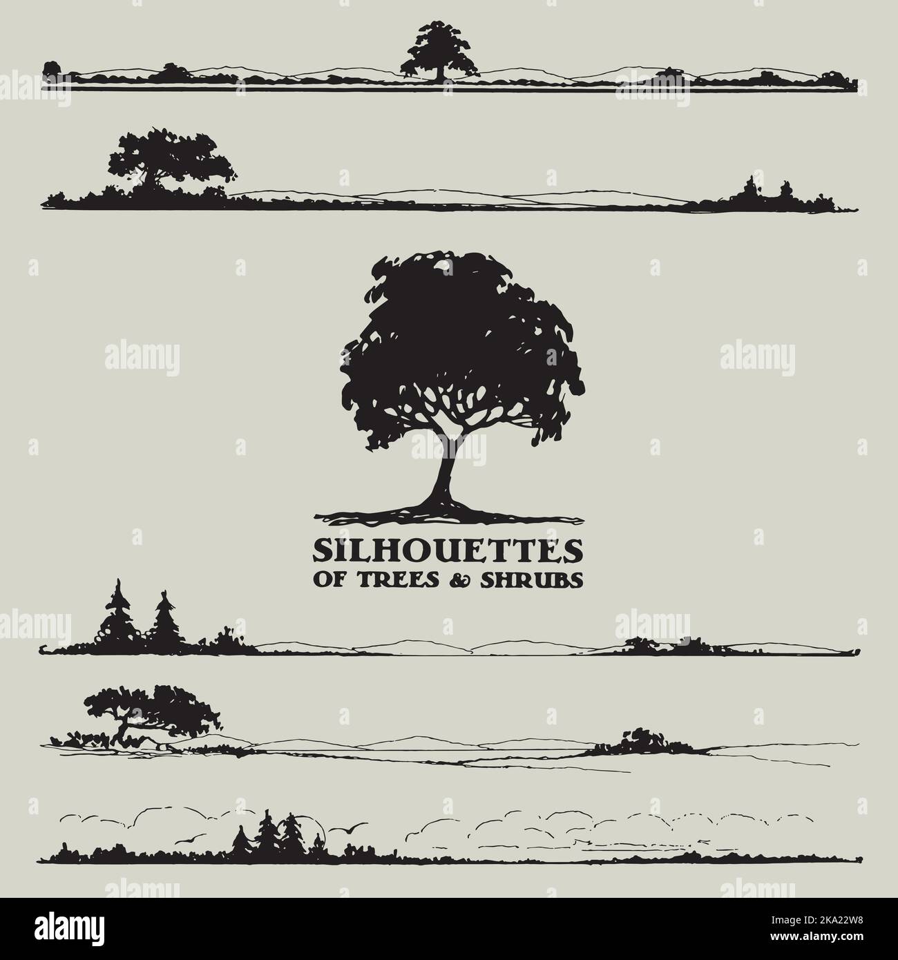 Silhouettes of trees and shrubs. Graphic resource for books, publishing