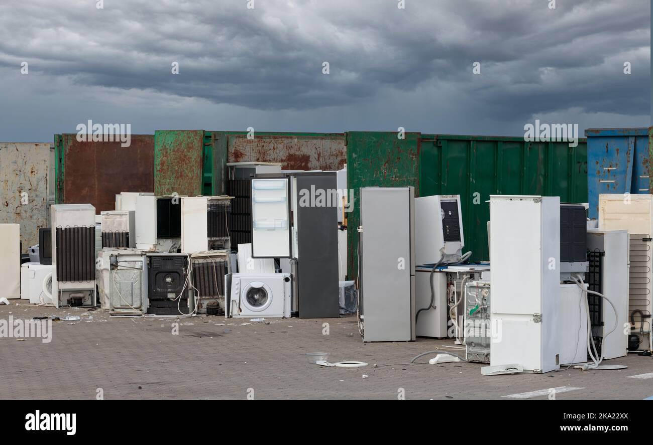 Large group of used household, electronic equipment. Old household appliances, waiting to be