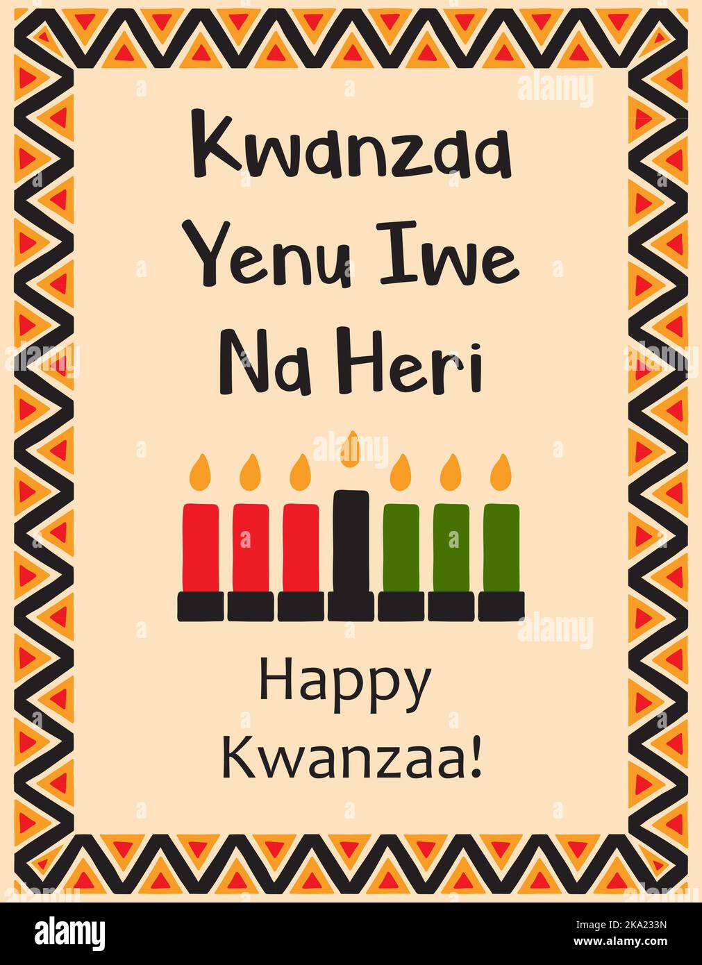 Card with traditional seven candles, symbols of Kwanzaa and Words