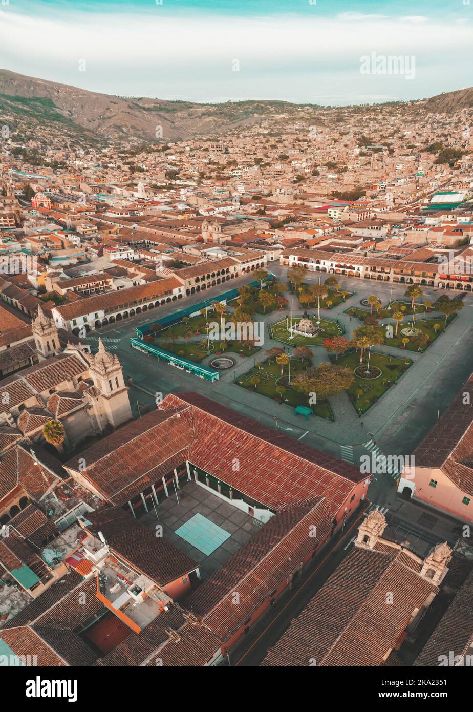 AYACUCHO, PERU. Aerial view of the main square and its great catedral