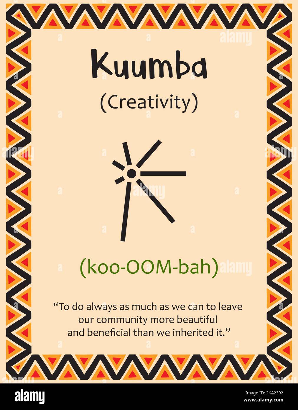 A card with one of the Kwanzaa principles. Symbol Kuumba means Creativity in Swahili. Poster with sign and description. Ethnic African pattern in trad Stock Vector