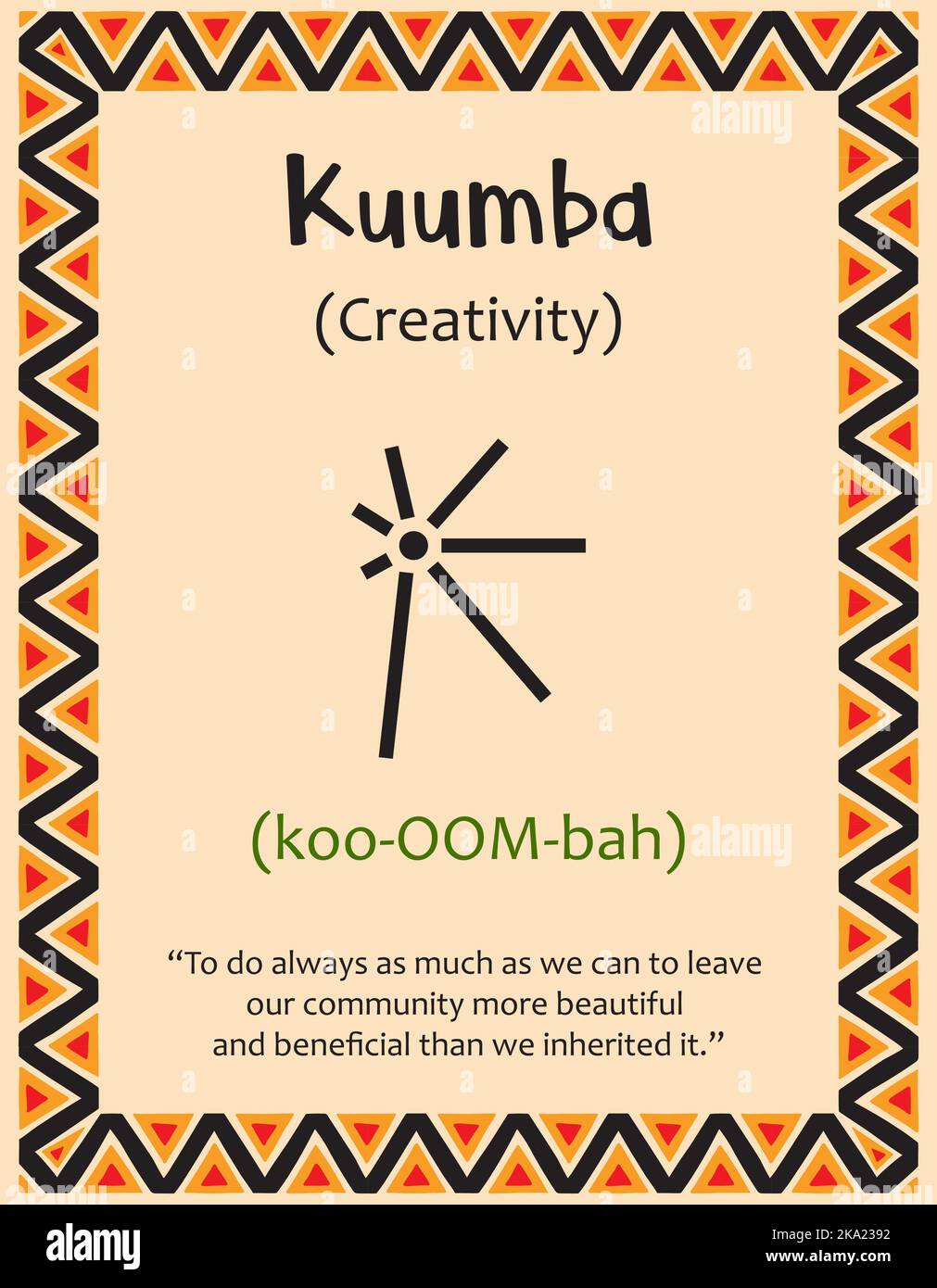 A card with one of the Kwanzaa principles. Symbol Kuumba means