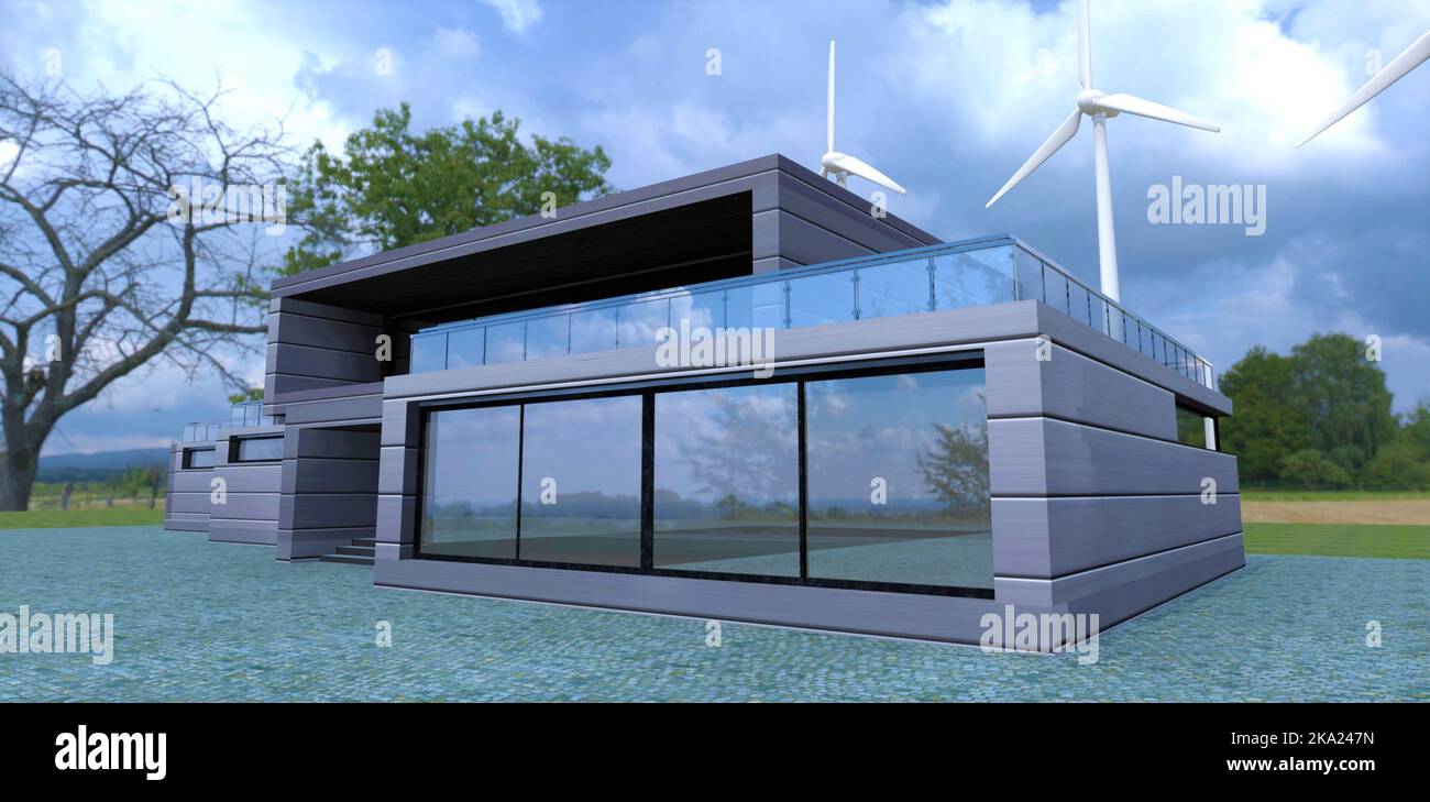 Energy-saving futuristic country house with its wind turbines in the backyard. Finishing the facade with battery composite panels that accumulate elec Stock Photo