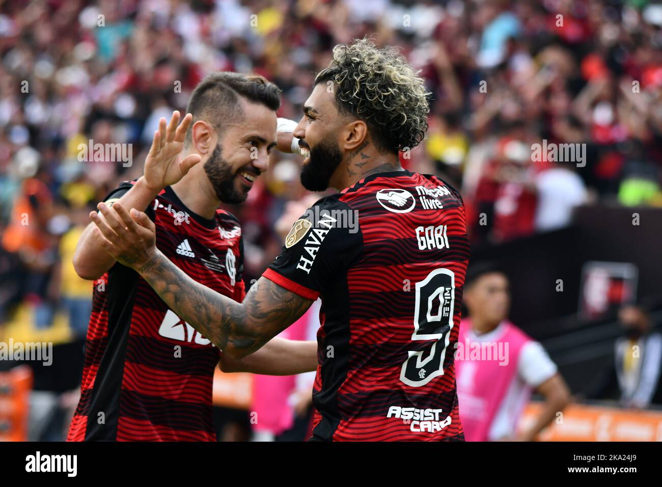 Gabriel Barbosa do Flamengo, comemora o seu gol com Éverton Ribeiro durante a partida entre Flamengo e Athletico, pela Final da Copa Libertadores 2022, no Estádio Monumental Isidro Romero Carbo neste sábado 29. Stock Photo