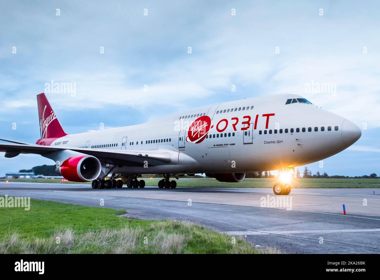 The Virgin Orbit, Cosmic Girl, a 747-400 converted to a rocket launch platform taxiing to a halt on the runway at the Spaceport Cornwall in Newquay, E Stock Photo