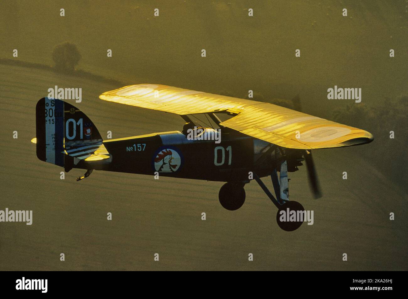 An air-to-air portrait of a a Morane-Saulnier 230, a French 1930's training aircraft. Stock Photo