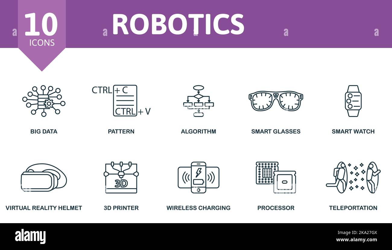 Robotics icon set. Monochrome simple Robotics icon collection. Big Data ...