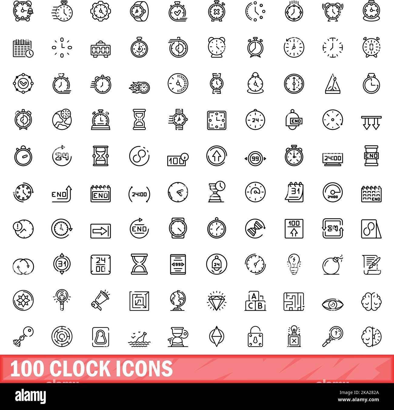 100 clock icons set. Outline illustration of 100 clock icons vector set ...