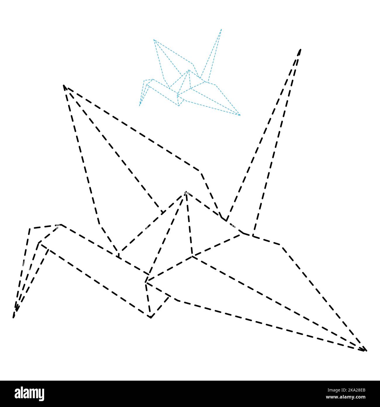 Set of origami crane vector outline dashed illustration isolated on