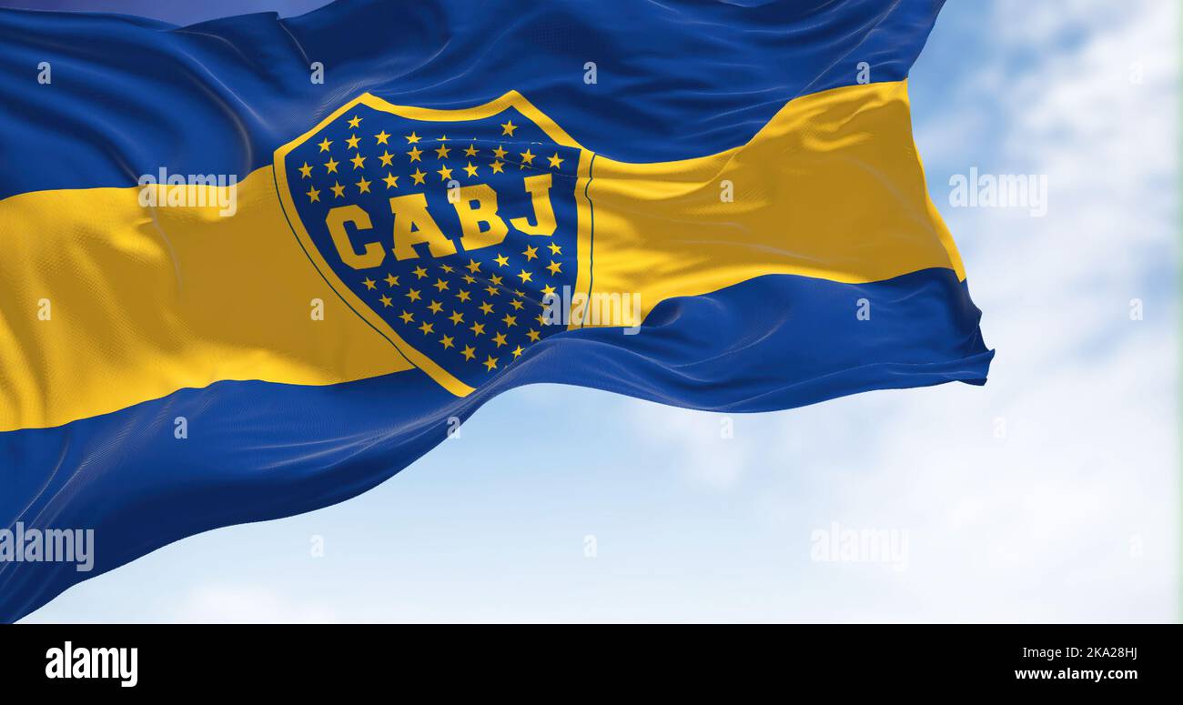 Buenos Aires, AR, Oct. 2022: The Boca Juniors flag waving in the wind. Boca Juniors is an Argentine sports club based in Buenos Aires Stock Photo
