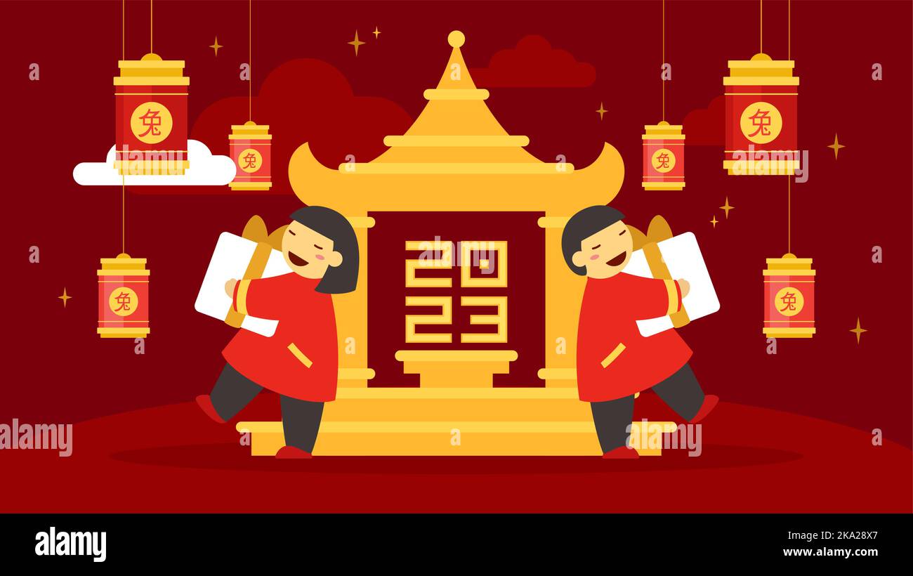 2023 Chinese New Year of rabbit Asian people with gift box ancient temple greeting banner vector 2023 Chinese New Year of rabbit Asian people with gift box ancient temple greeting banner vector