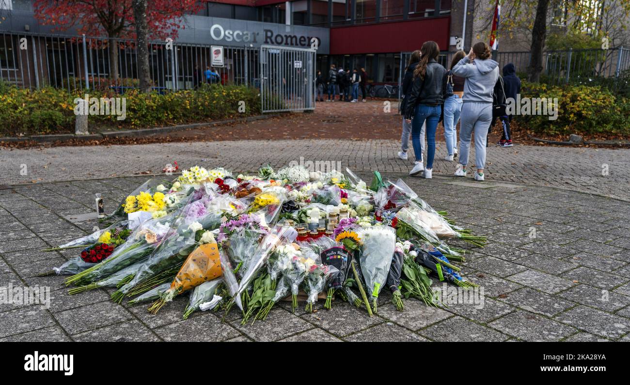 2022-10-31 12:25:28 HORN - Oscar Romero high school students lay flowers next to the school. A 14-year-old student of the school died last week after a stabbing incident at the Bouwsteen. A 16-year-old suspect is in custody. ANP JEROEN JUMELET netherlands out - belgium out Stock Photo