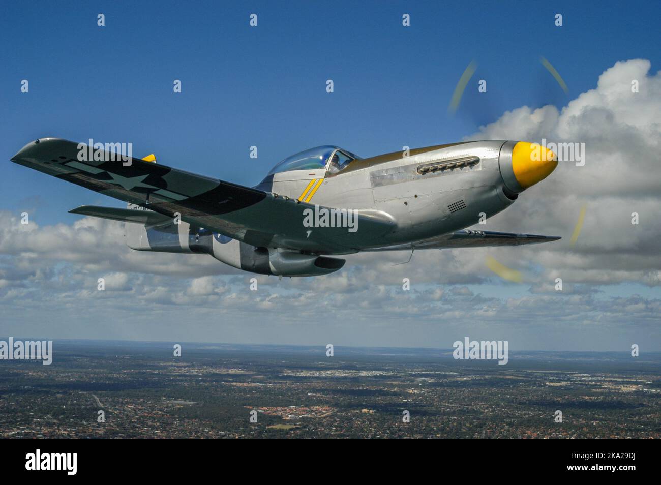 An air to air portrait of a North American P51D Mustang in flight Stock Photo