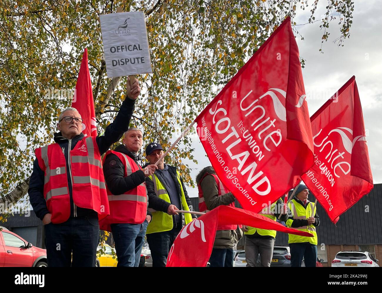Workers on strike outside the Coop coffin factory in Glasgow, they are