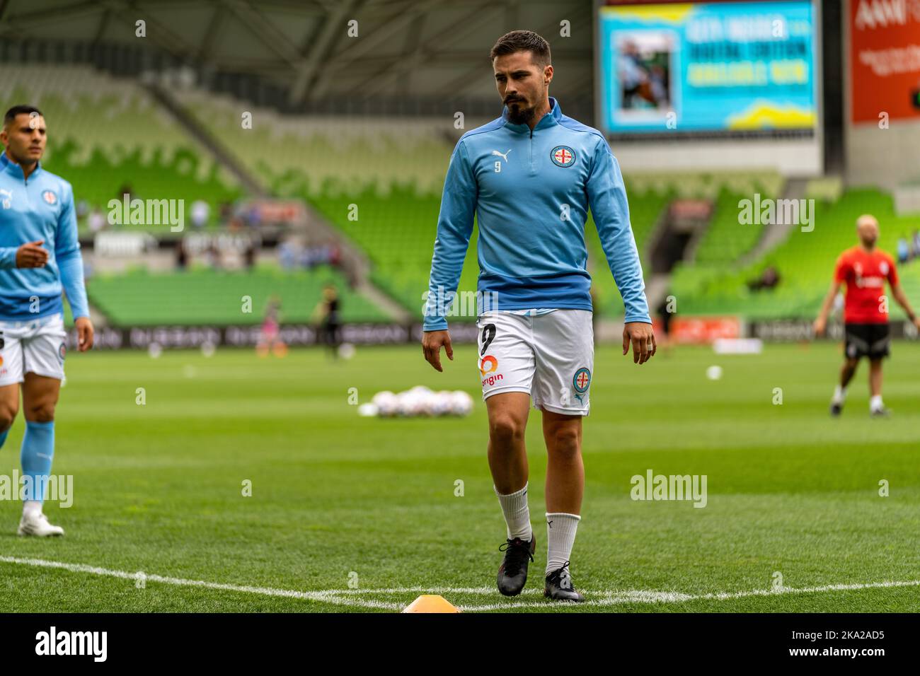 Melbourne, Australia. 30,October, 2022. Jamie Maclaren #9 warms up before the start of the Round 4 Melbourne City vs. Wellington Phoenix game at AAMI Park Credit: James Forrester/Alamy Live News. Stock Photo