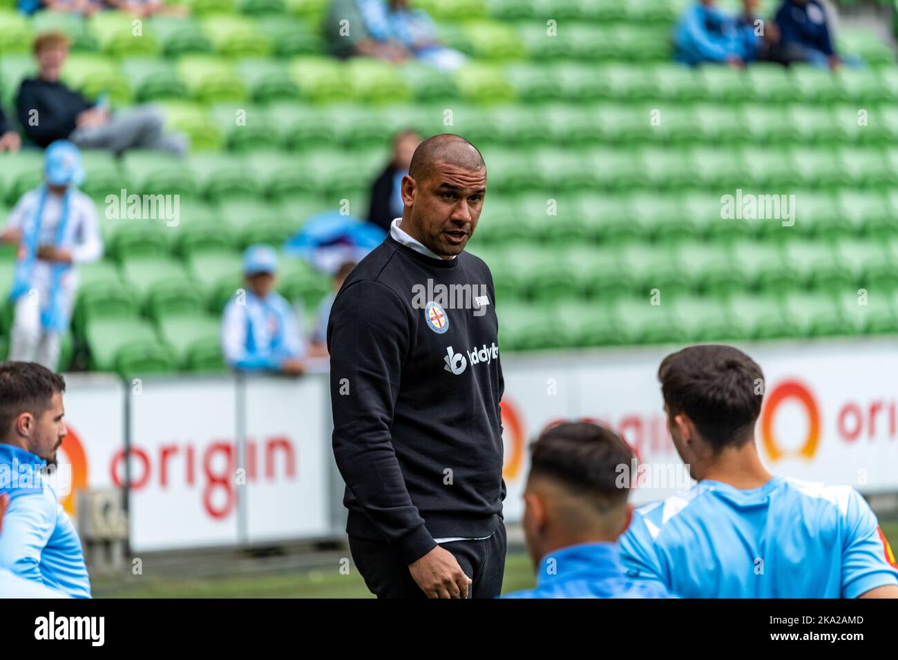 Melbourne, Australia. 30,October, 2022. Melbourne City Manager Patrick Kisnorbo gives the team one last pep talk before the start of the Round 4 Melbourne City vs. Wellington Phoenix game at AAMI Park Credit: James Forrester/Alamy Live News. Stock Photo