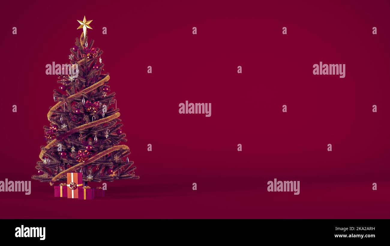 Christmas tree with ornaments, gift boxes and copy space on burgundy ...