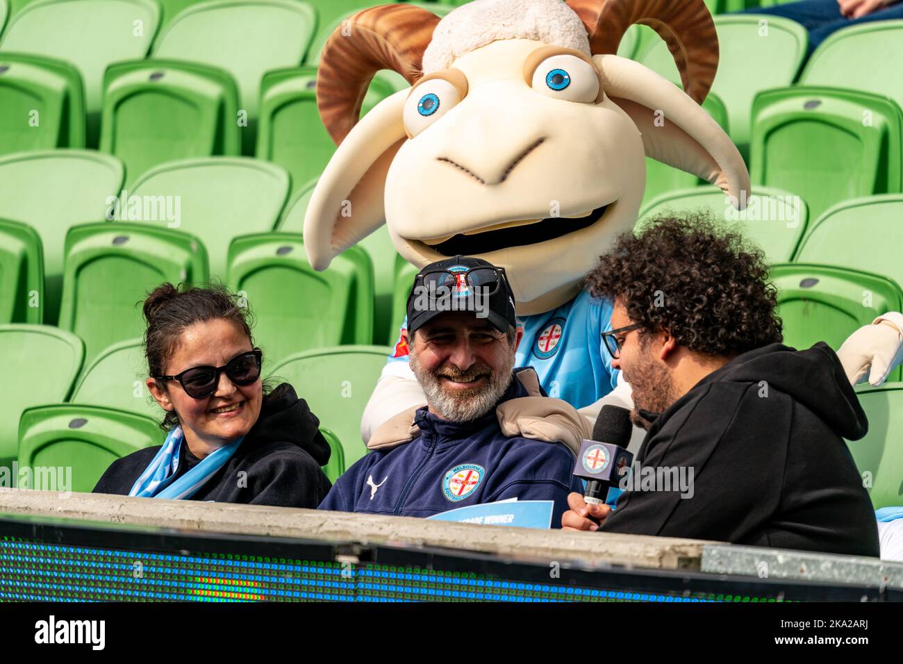 Melbourne, Australia. 30,October, 2022. A Melbourne City supporter is interviewed before the start of the Round 4 Melbourne City vs. Wellington Phoenix game at AAMI Park Credit: James Forrester/Alamy Live News. Stock Photo
