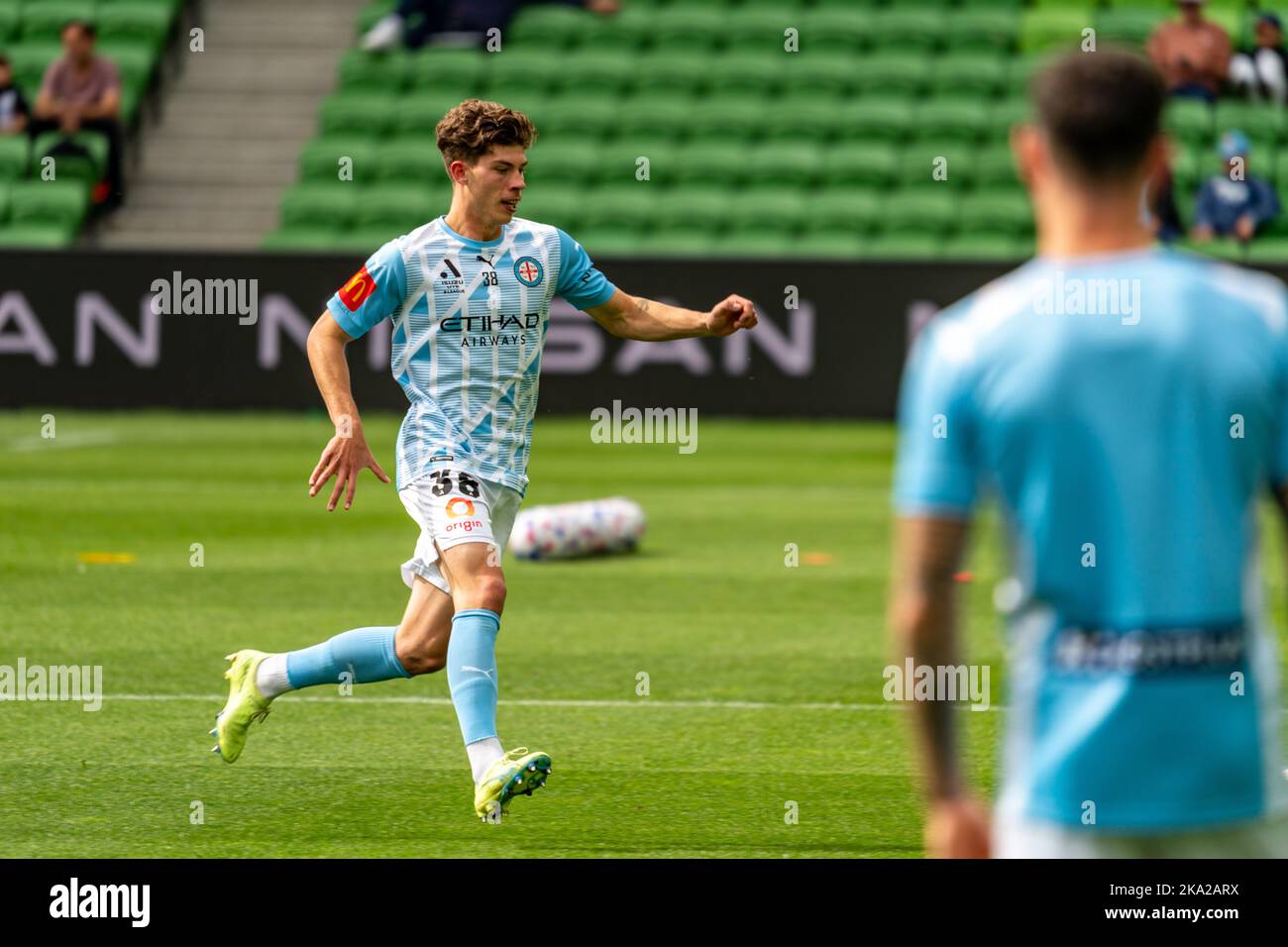 Melbourne, Australia. 30,October, 2022. Melbourne City’s Jordan Bos #38 warms up before the start of the Round 4 Melbourne City vs. Wellington Phoenix game at AAMI Park Credit: James Forrester/Alamy Live News. Stock Photo