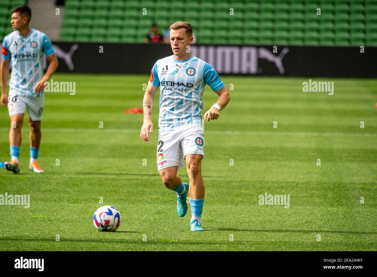 Melbourne, Australia. 30,October, 2022. Melbourne City’s Scott Galloway #2 warms up before the start of the Round 4 Melbourne City vs. Wellington Phoenix game at AAMI Park Credit: James Forrester/Alamy Live News. Stock Photo
