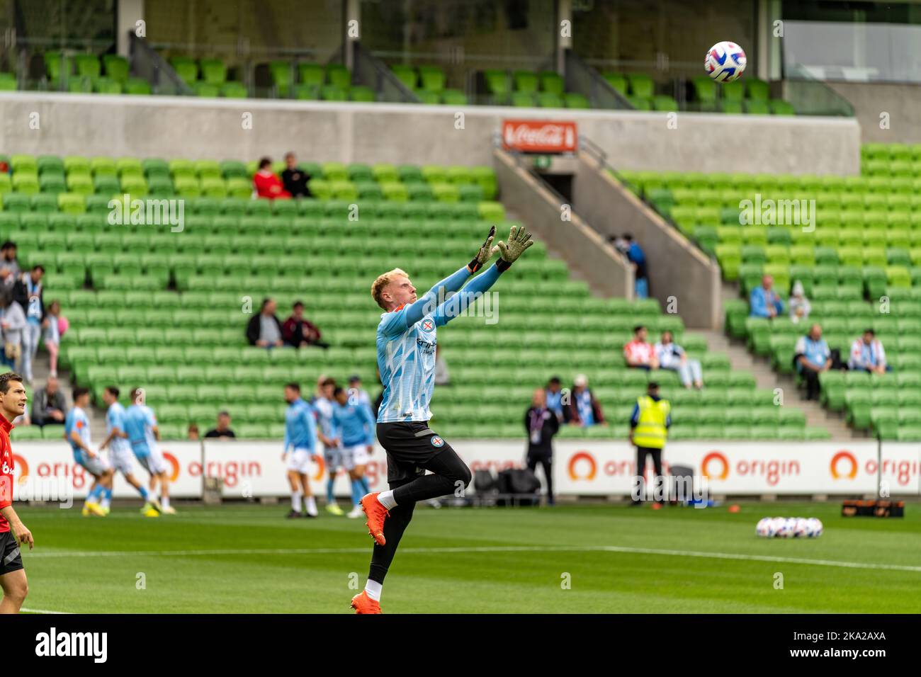 Melbourne, Australia. 30,October, 2022. Melbourne City Goalkeeper Thomas Glover #1 warming up before the start of the Round 4 Melbourne City vs. Wellington Phoenix game at AAMI Park Credit: James Forrester/Alamy Live News. Stock Photo