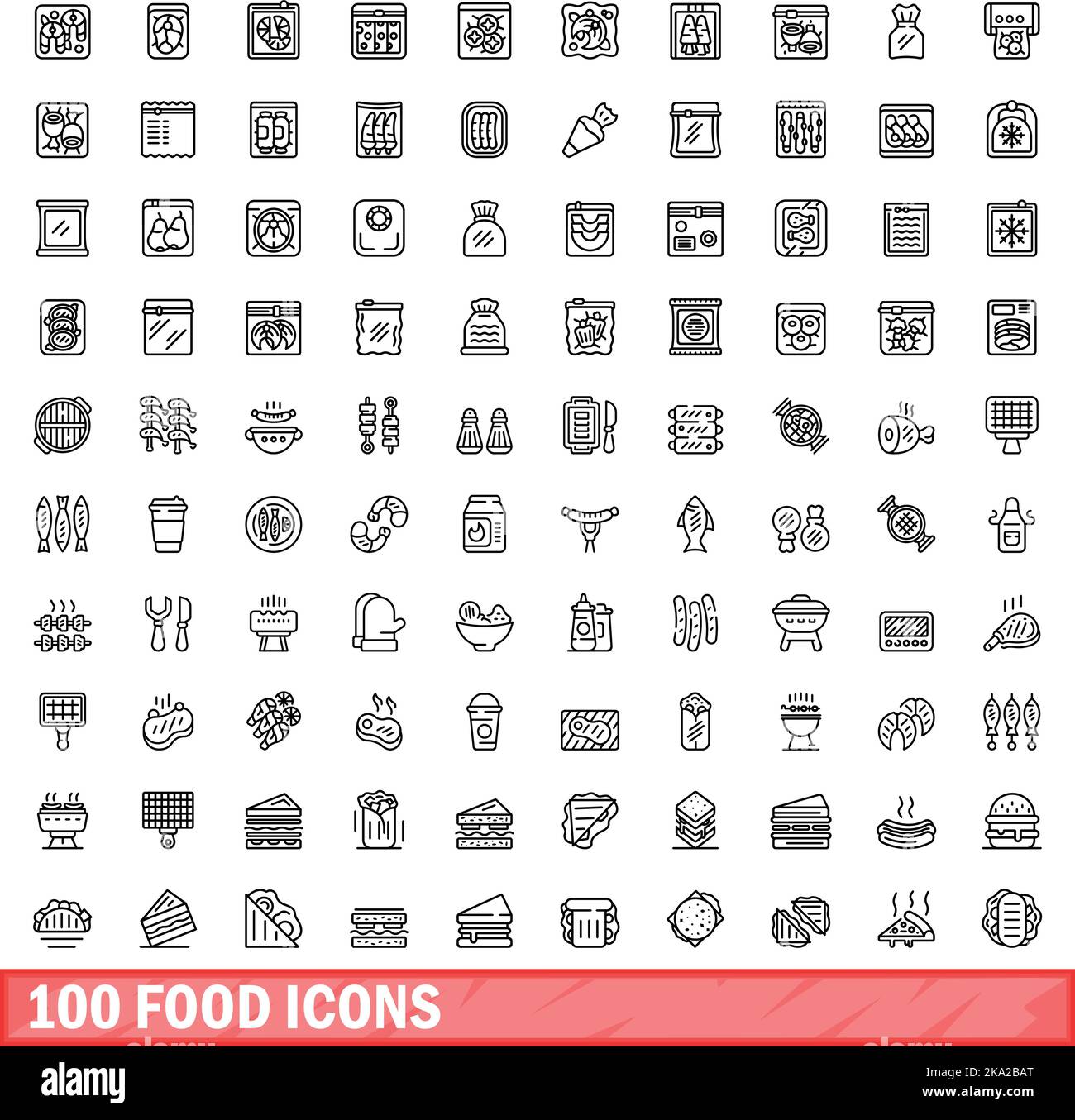 100 food icons set. Outline illustration of 100 food icons vector set ...