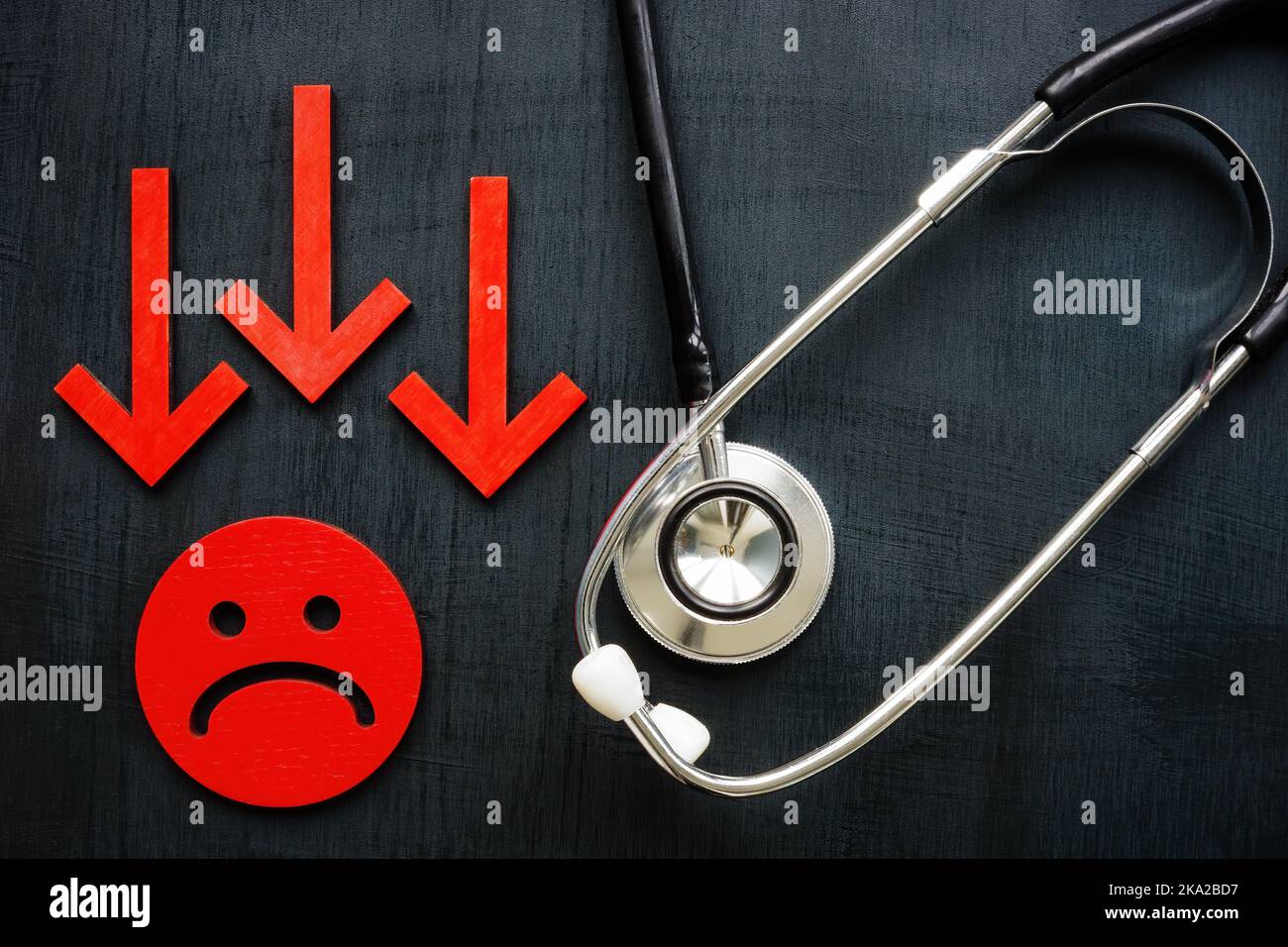 Negative patient experience or satisfaction. Arrows and stethoscope. Stock Photo