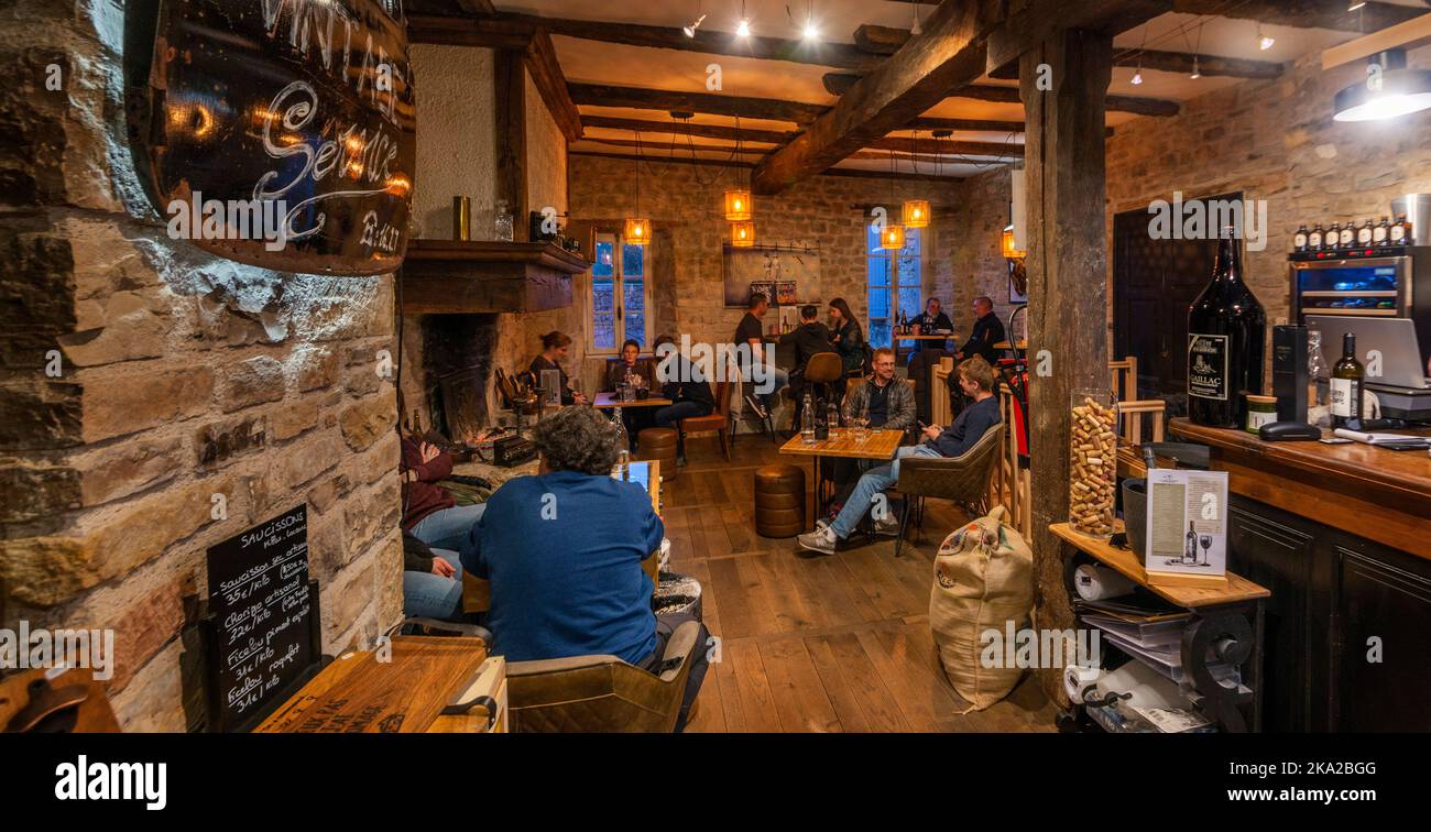Th winter cafe / restaurant of La Planche du Bacchus, in the French hilltop village of Cordes sur Ciel. Stock Photo