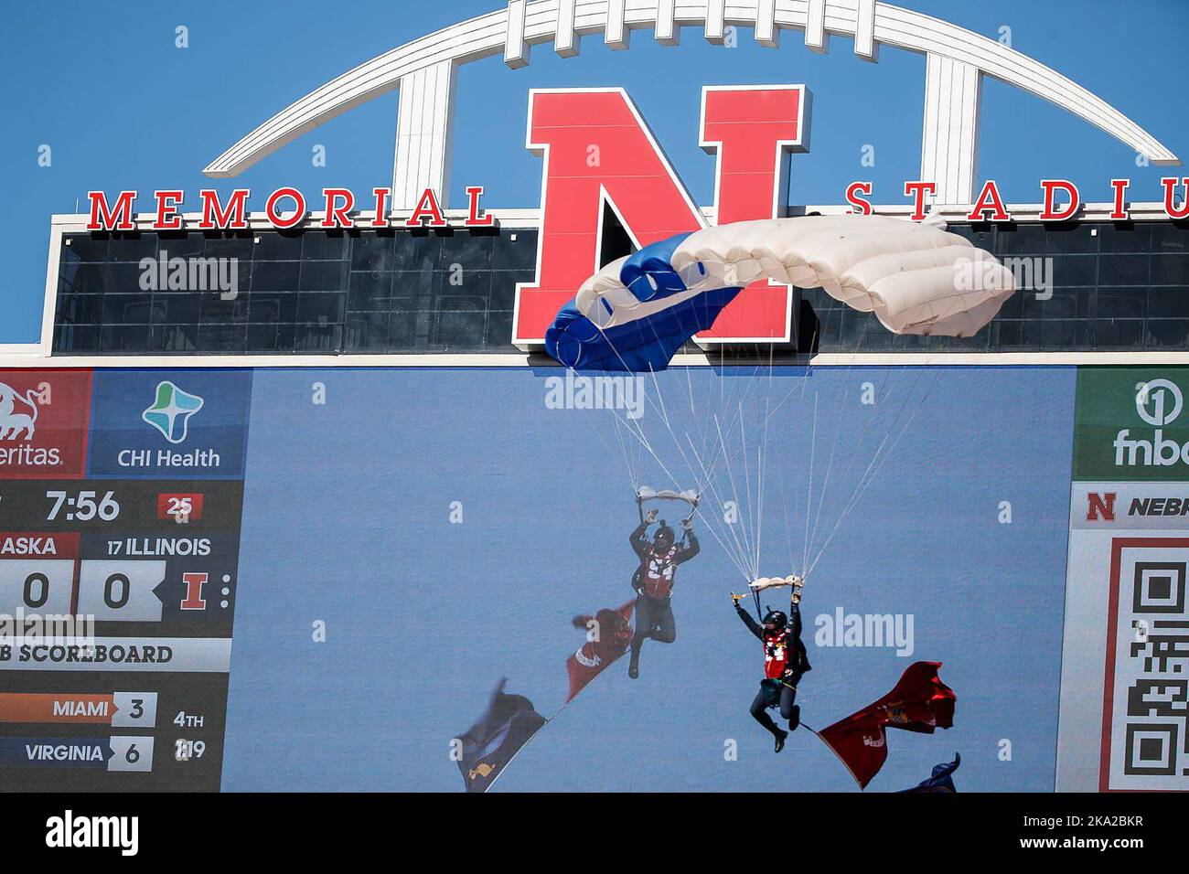October 29, 2022 - Lincoln, NE. U.S. United States Air Force sky divers preform before the start of a NCAA Division 1 football game between Illinois Fighting Illini and the Nebraska Cornhuskers at Memorial Stadium in Lincoln, NE. .Illinois won 26-9.Attendance: 86,691.387th consecutive sellout.Michael Spomer/Cal Sport Media Stock Photo