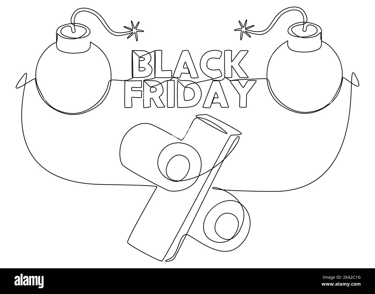 One continuous line of Black Friday text with bomb and percentage sign. Thin Line Illustration vector concept. Contour Drawing Creative ideas. Stock Vector