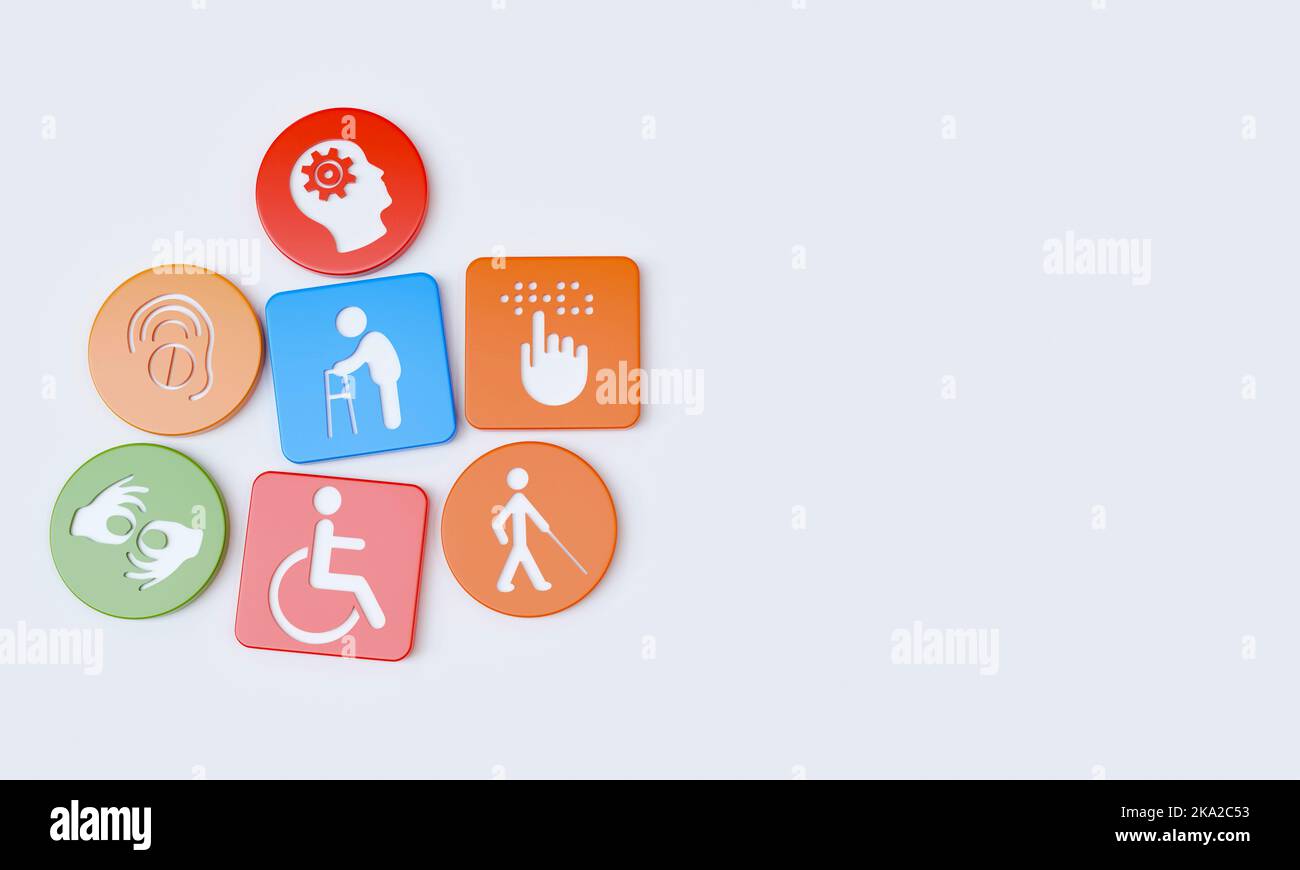 Disability icons engraved on plastic cubes and circles. 3D Rendering. Stock Photo